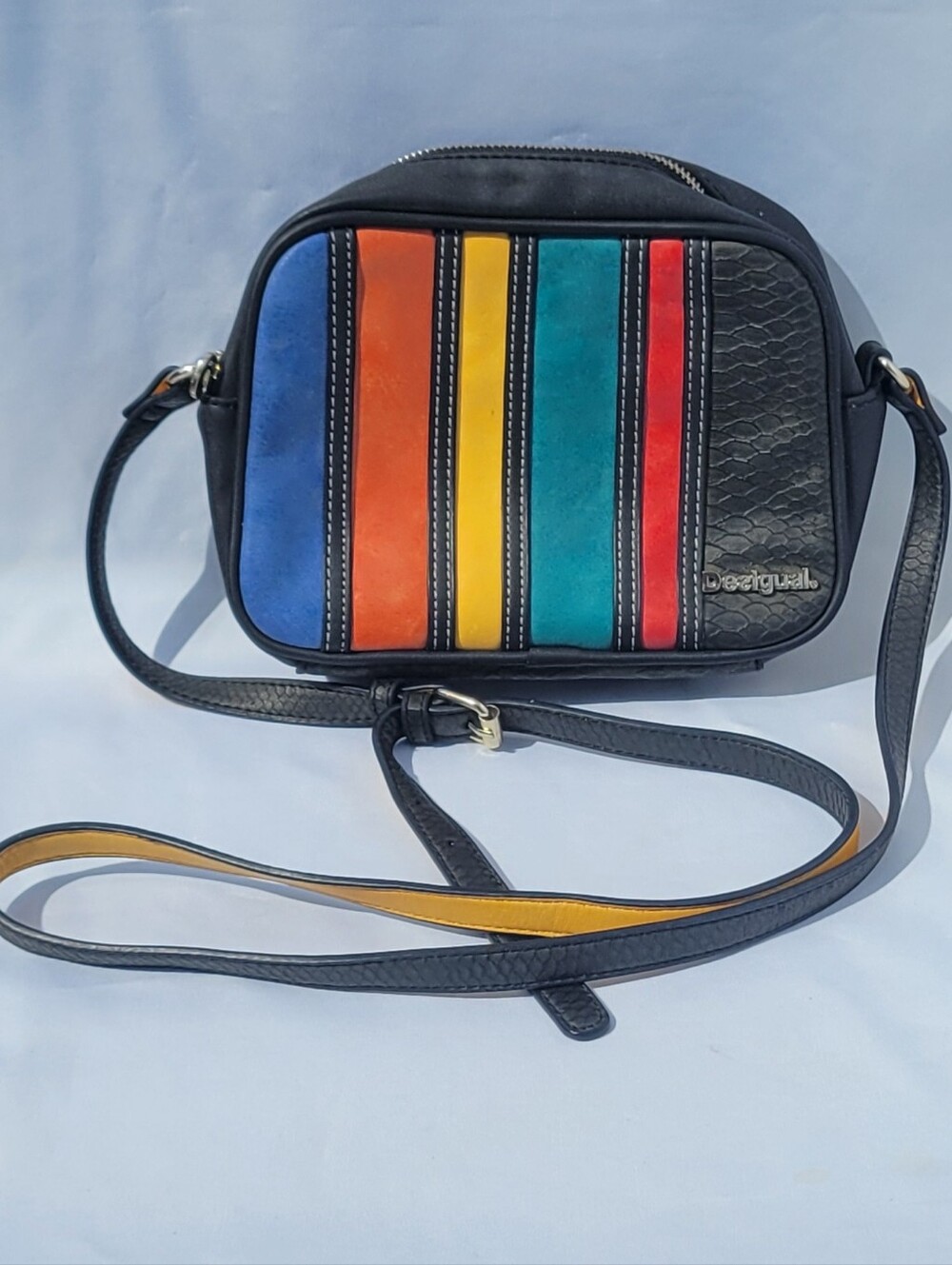 Desigual Black Multicolor Leather Striped Crossbody Bag